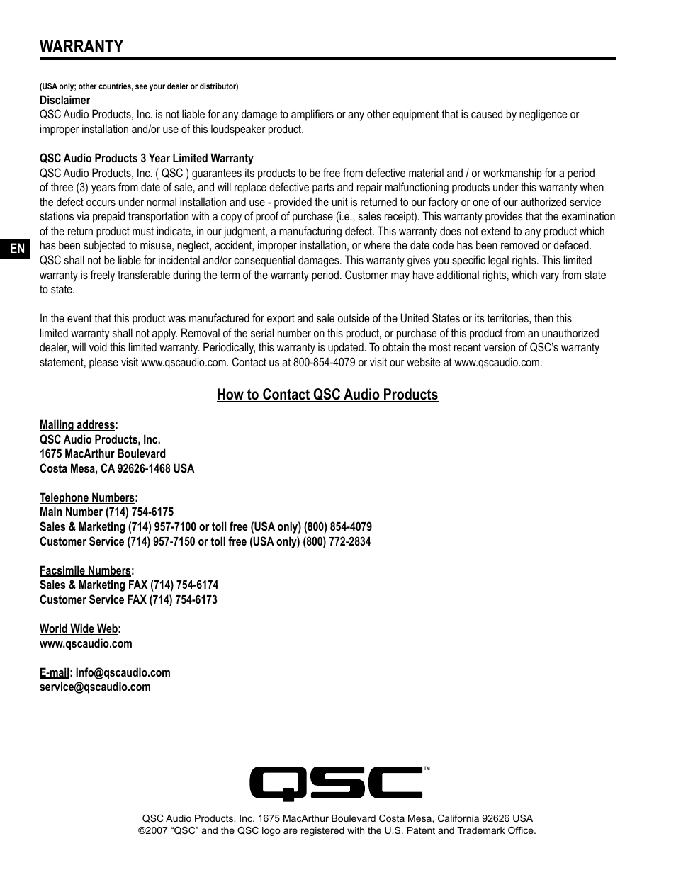 Warranty, How to contact qsc audio products | QSC Audio TD-000271-01 User Manual | Page 12 / 12