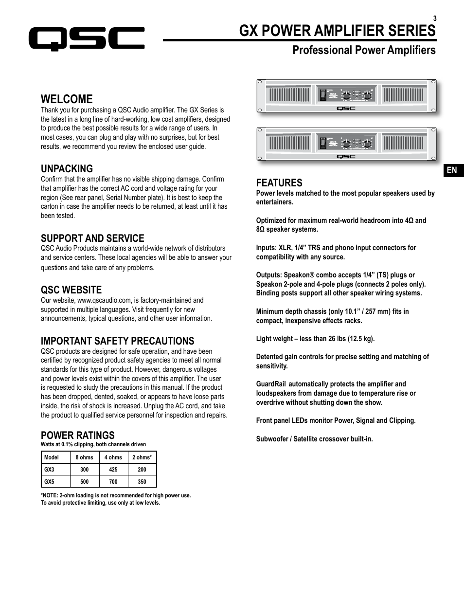 Gx power amplifier series, Welcome, Professional power amplifiers | Unpacking, Support and service, Qsc website, Important safety precautions, Power ratings, Features | QSC Audio TD-000271-01 User Manual | Page 3 / 12