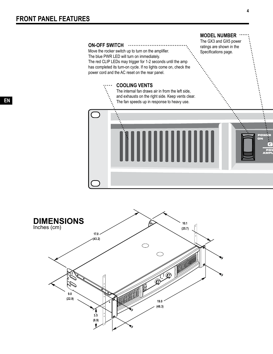 Dimensions, Front panel features | QSC Audio TD-000271-01 User Manual | Page 4 / 12