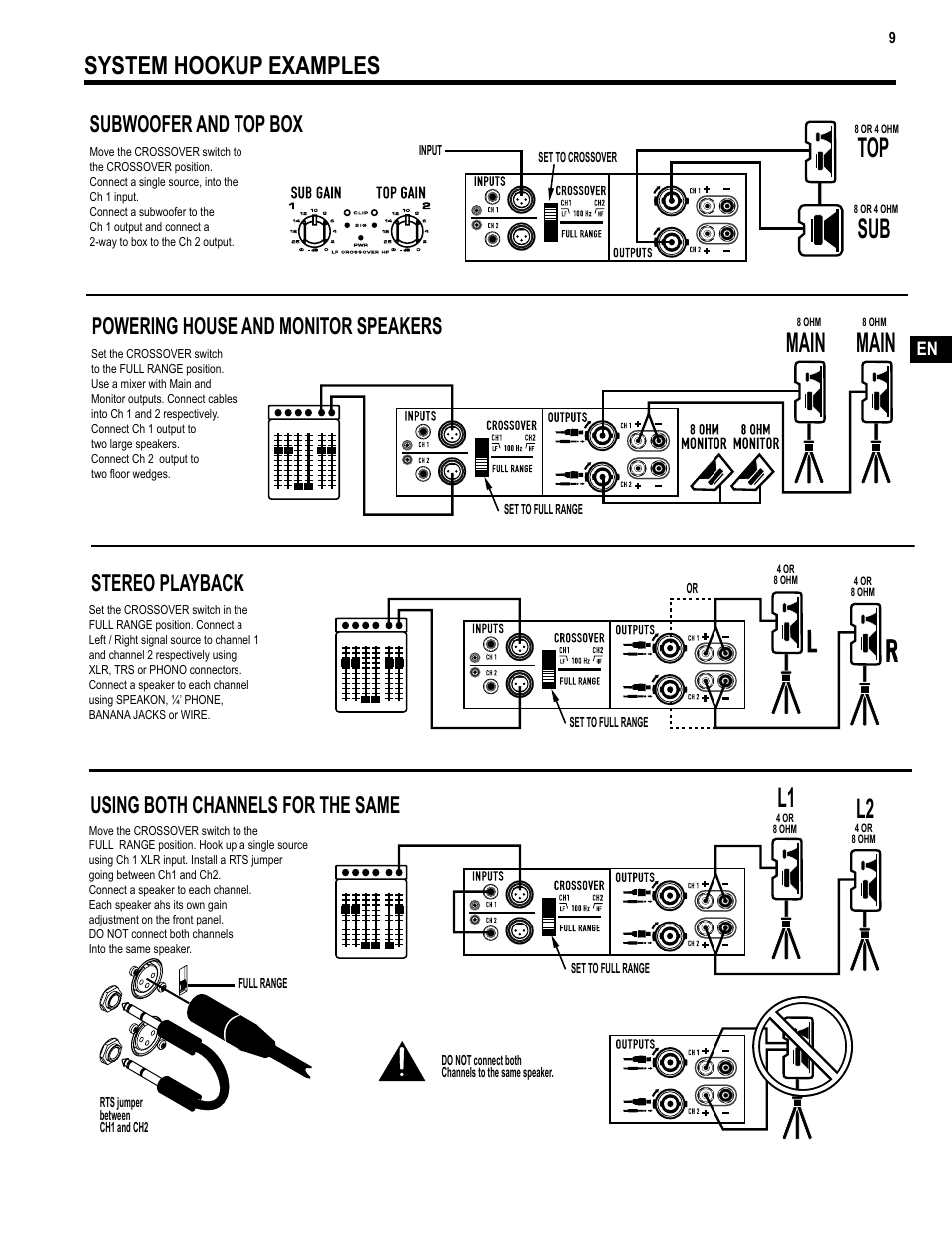 Sub top main main, L1 l2, System hookup examples | Subwoofer and top box, Powering house and monitor speakers, Stereo playback using both channels for the same | QSC Audio TD-000271-01 User Manual | Page 9 / 12