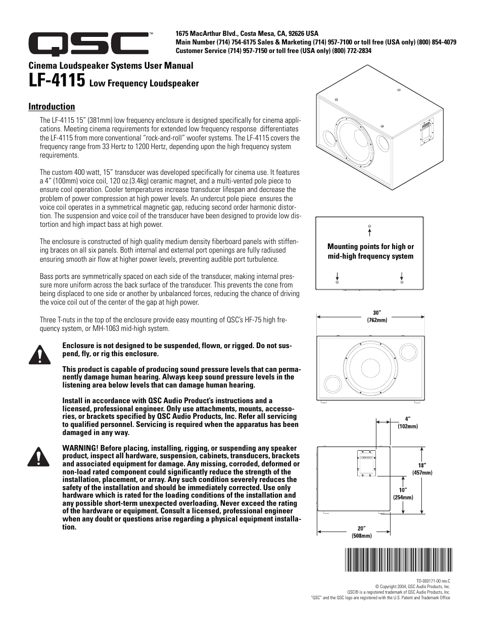 QSC Audio LF-4115 User Manual | 20 pages