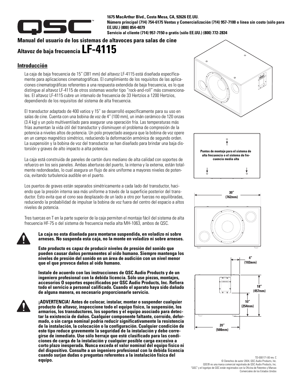 Lf-4115, Introducción | QSC Audio LF-4115 User Manual | Page 5 / 20