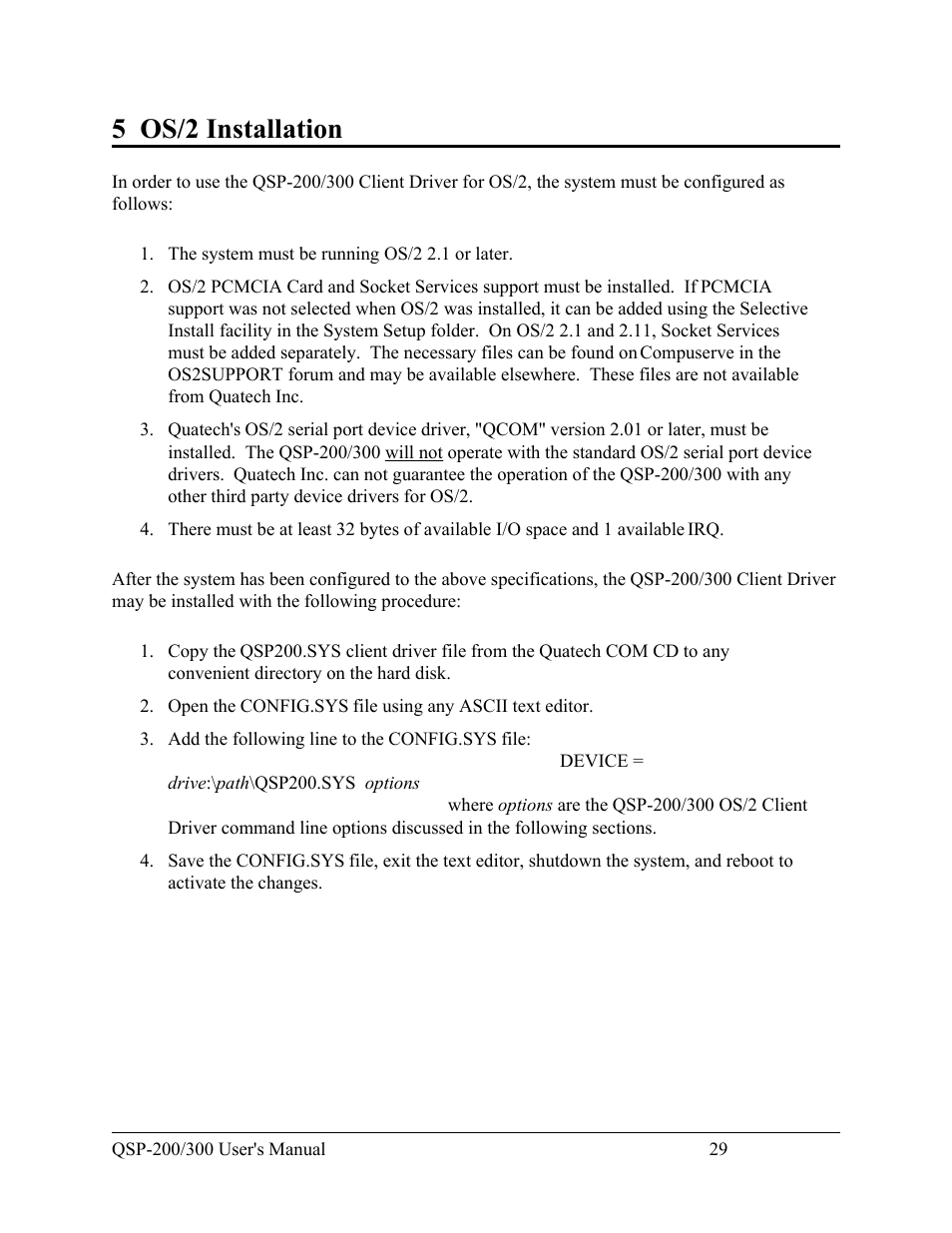 5 os/2 installation | Quatech QSP-200/300 User Manual | Page 35 / 49