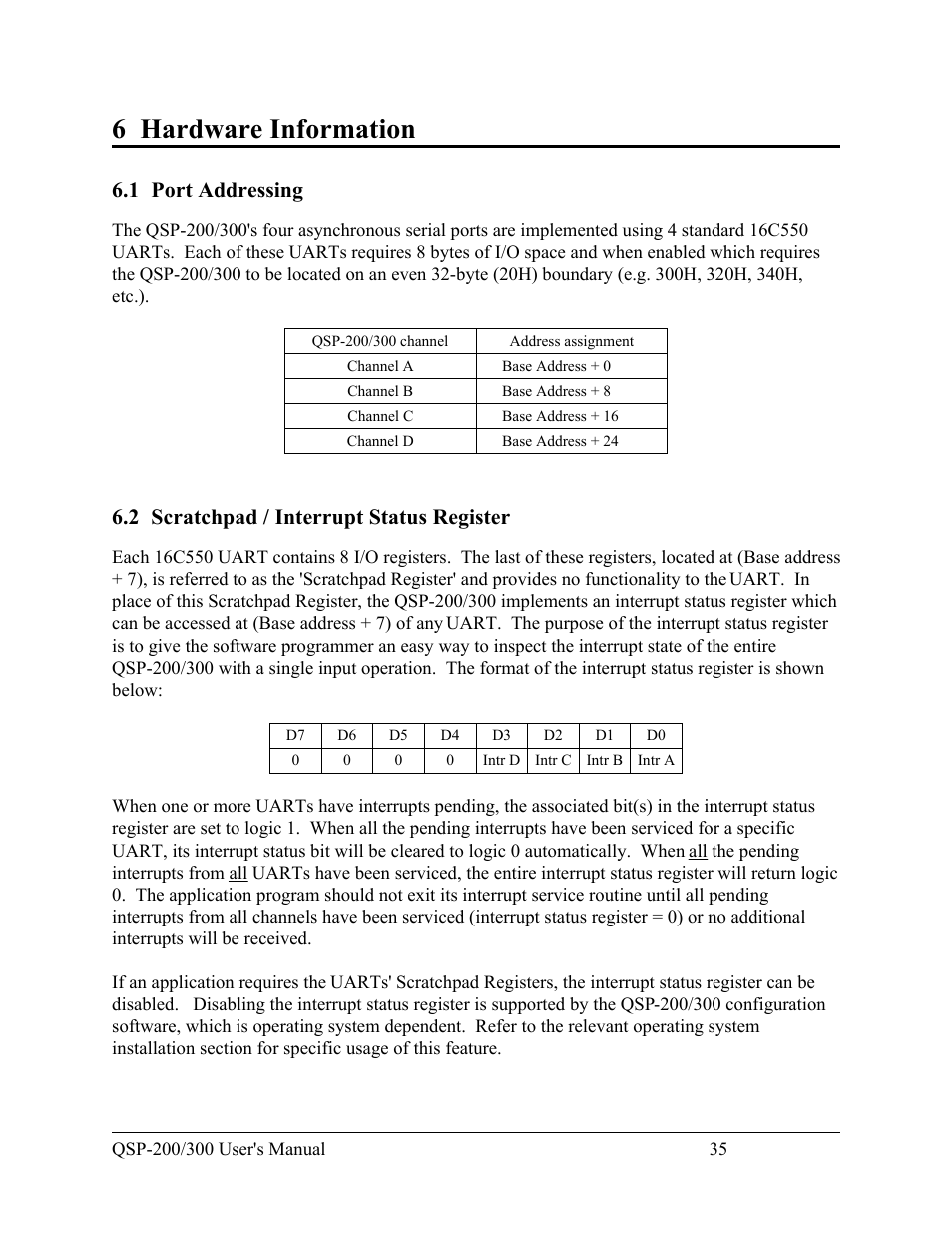 6 hardware information, 1 port addressing, 2 scratchpad / interrupt status register | Quatech QSP-200/300 User Manual | Page 41 / 49