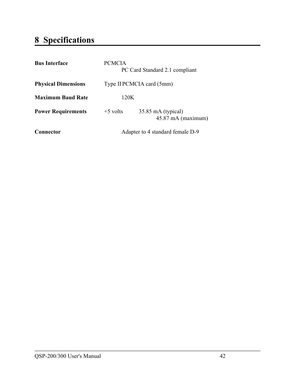 8 specifications | Quatech QSP-200/300 User Manual | Page 48 / 49