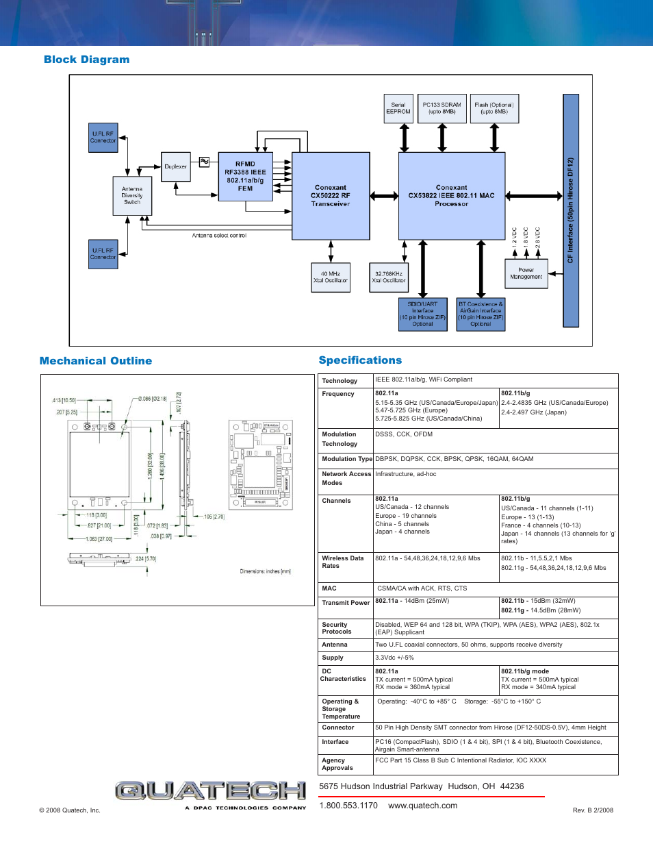 Block diagram, Specifications, Mechanical outline | Quatech WLEA-RA-DP501 User Manual | Page 2 / 2