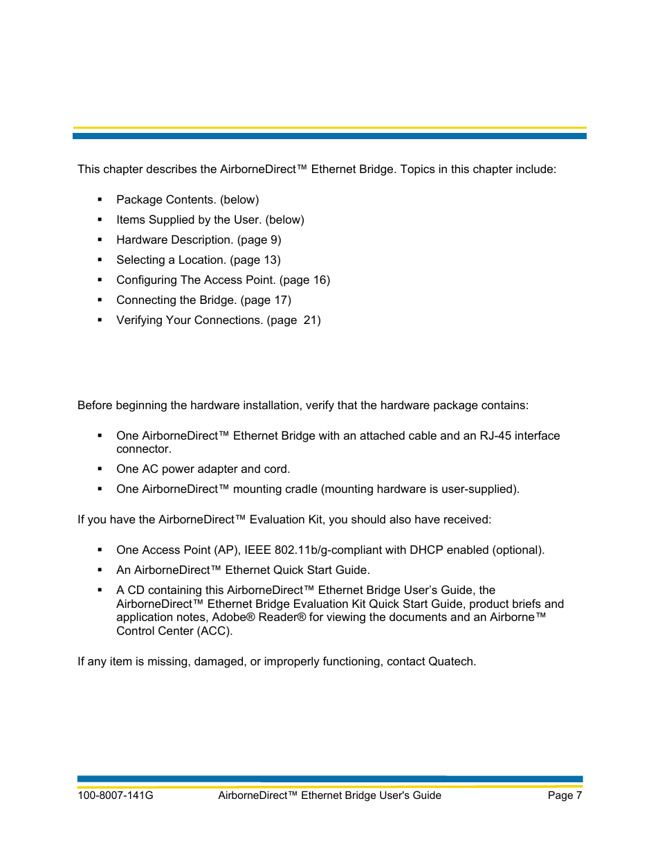 Chapter 2, Hardware installation, Standard package contents | Quatech AirborneDirect WLNG-ET Series User Manual | Page 13 / 77