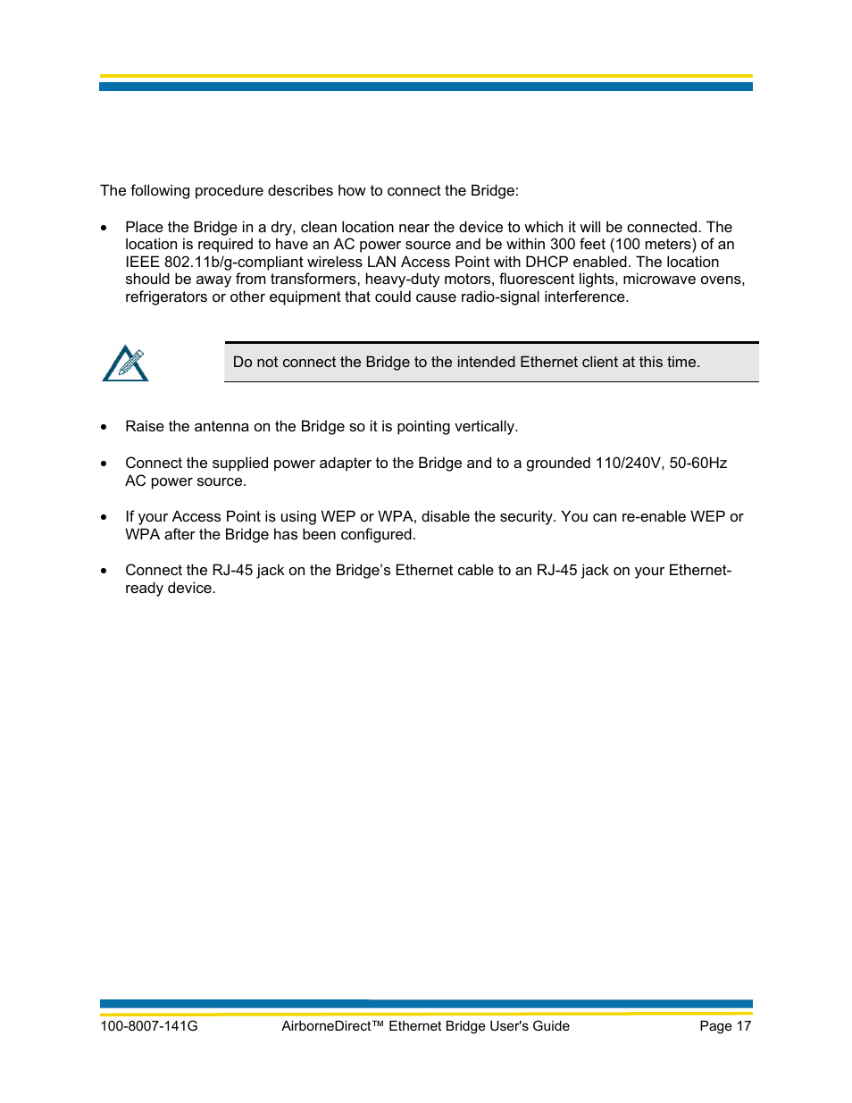 Connecting the bridge | Quatech AirborneDirect WLNG-ET Series User Manual | Page 23 / 77