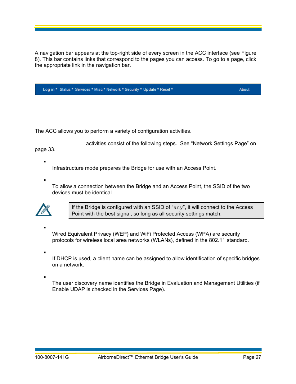 Navigating around the acc, Performing configuration activities | Quatech AirborneDirect WLNG-ET Series User Manual | Page 33 / 77