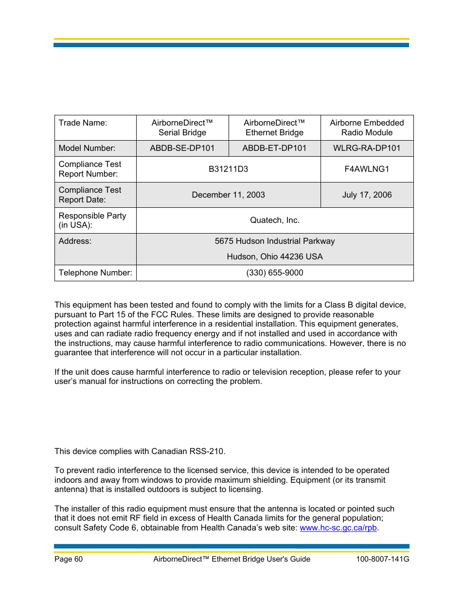 Manufacturer’s declaration of conformity | Quatech AirborneDirect WLNG-ET Series User Manual | Page 66 / 77