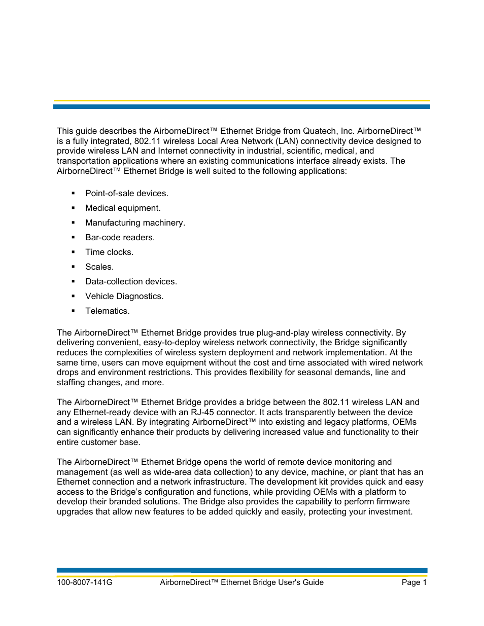 Chapter 1, Introduction | Quatech AirborneDirect WLNG-ET Series User Manual | Page 7 / 77