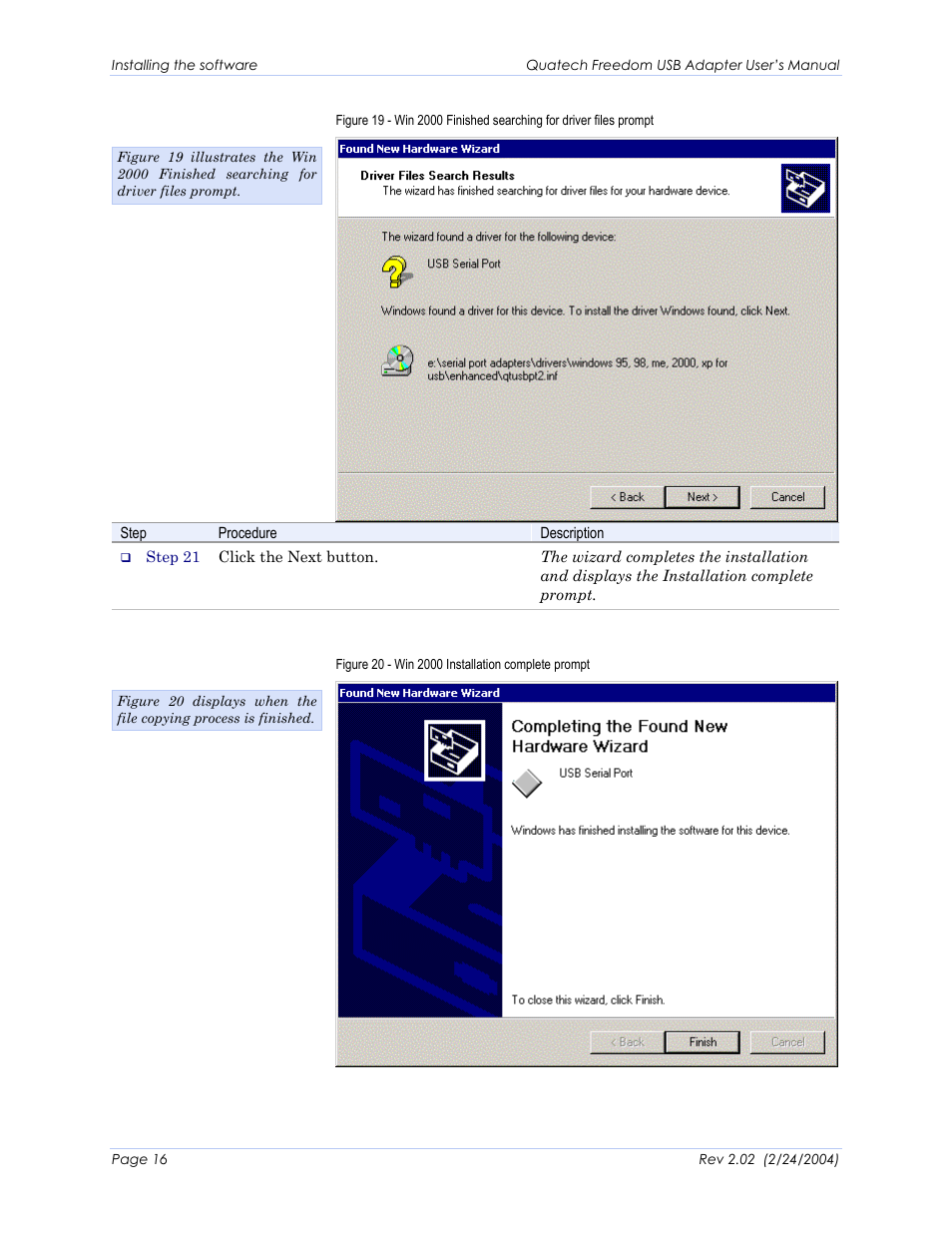 Figure 20 - win 2000 installation complete prompt | Quatech HSU-300 User Manual | Page 21 / 55