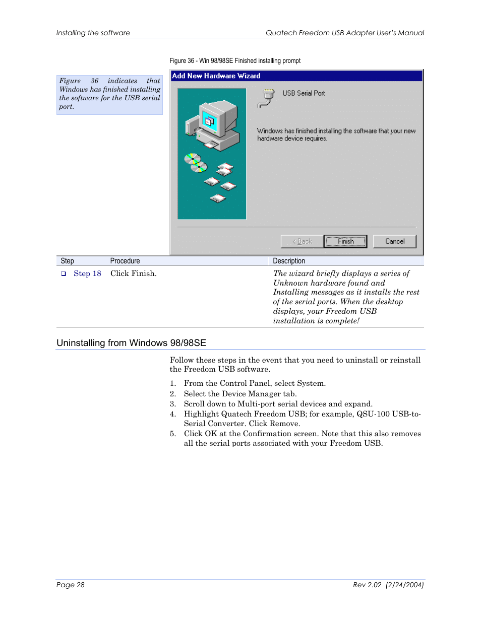 Uninstalling from windows 98/98se, Figure 36 - win 98/98se finished installing prompt | Quatech HSU-300 User Manual | Page 33 / 55