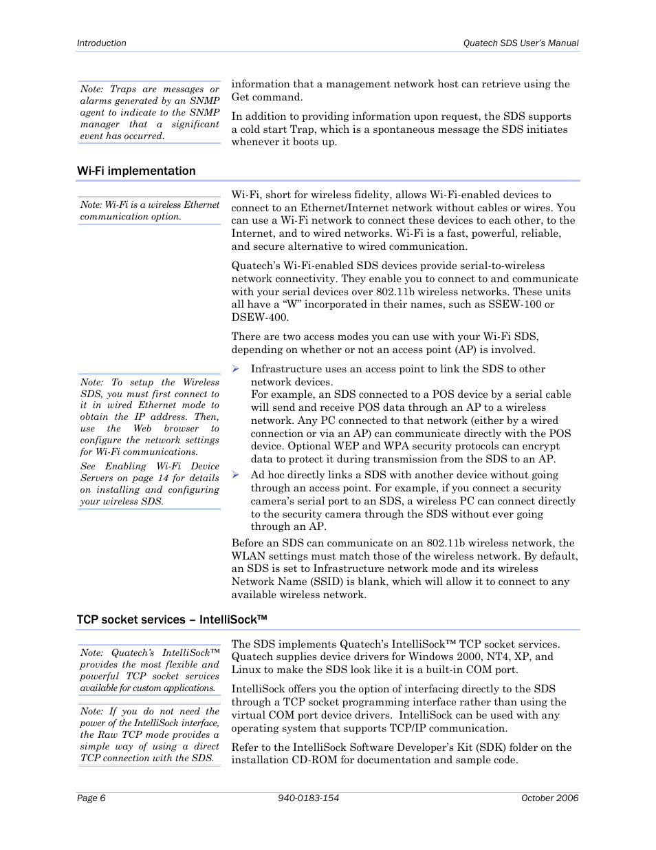 Wi-fi implementation, Tcp socket services – intellisock | Quatech Device Server User Manual | Page 12 / 98