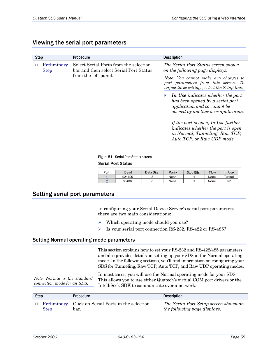 Viewing the serial port parameters, Setting serial port parameters | Quatech Device Server User Manual | Page 61 / 98