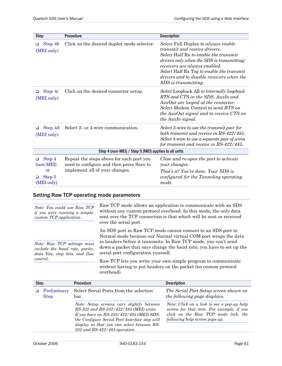 Setting raw tcp operating mode parameters | Quatech Device Server User Manual | Page 67 / 98