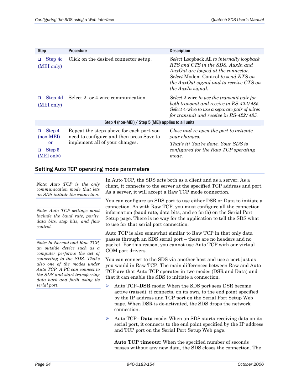 Setting auto tcp operating mode parameters | Quatech Device Server User Manual | Page 70 / 98