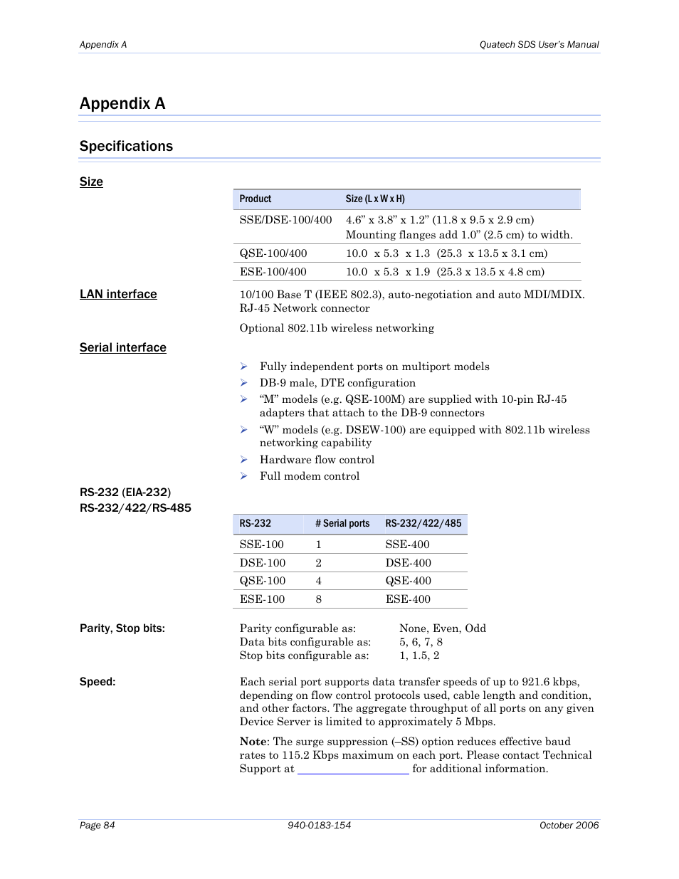 Appendix a, Specifications | Quatech Device Server User Manual | Page 90 / 98