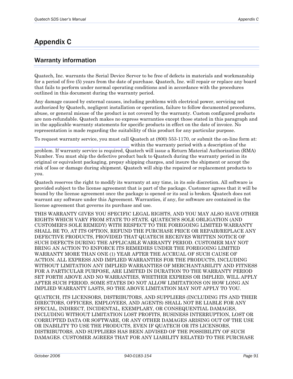 Appendix c, Warranty information | Quatech Device Server User Manual | Page 97 / 98