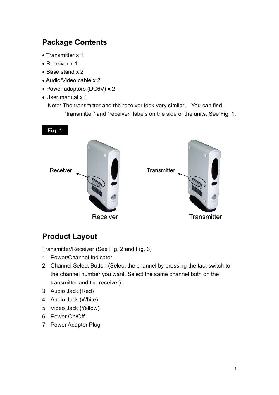 Package contents, Product layout | Quatech Wireless A/V Sender 2.4GHz User Manual | Page 2 / 8