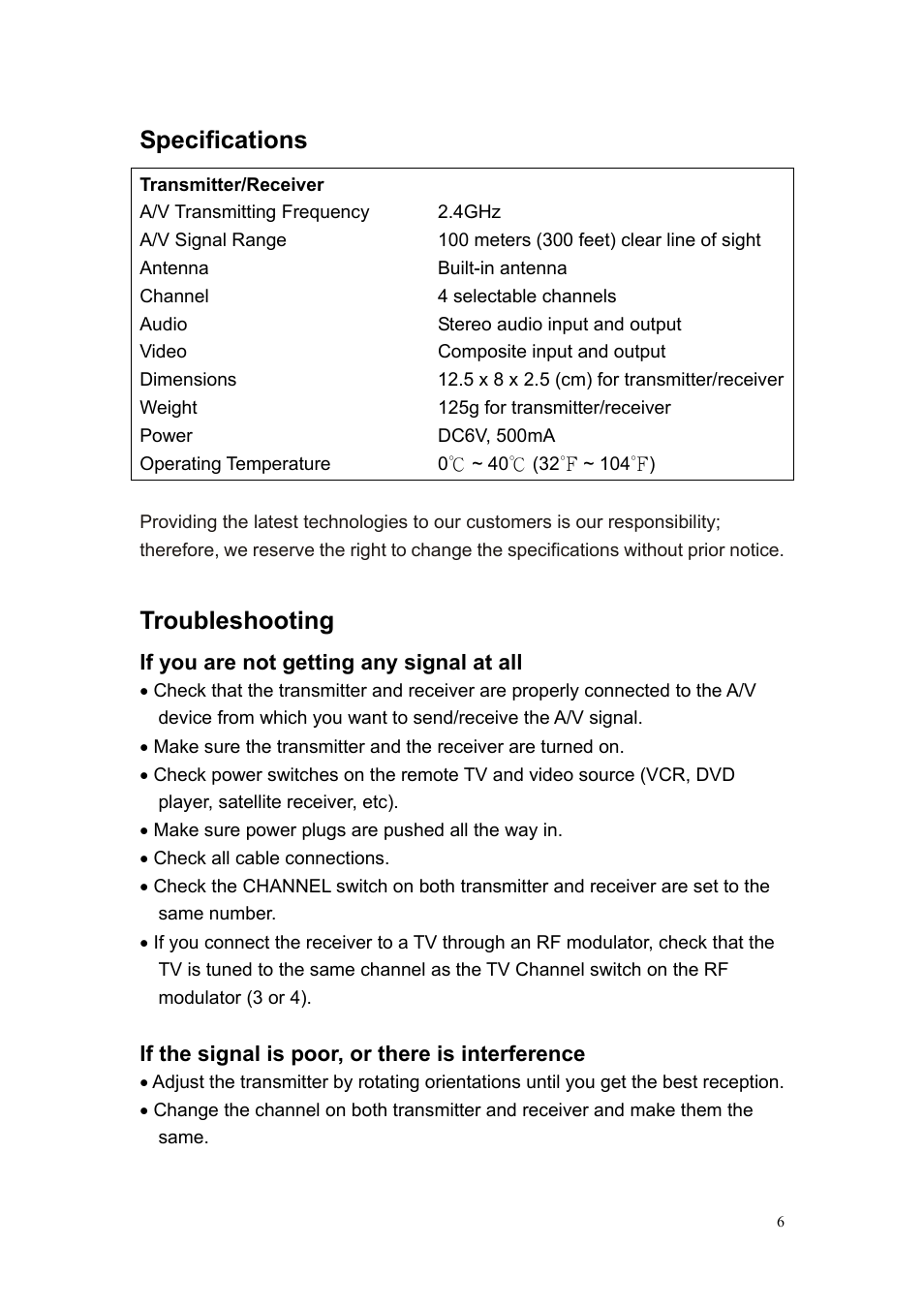 Specifications, Troubleshooting | Quatech Wireless A/V Sender 2.4GHz User Manual | Page 7 / 8