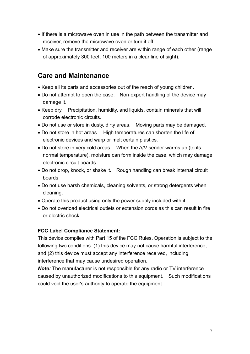Care and maintenance | Quatech Wireless A/V Sender 2.4GHz User Manual | Page 8 / 8