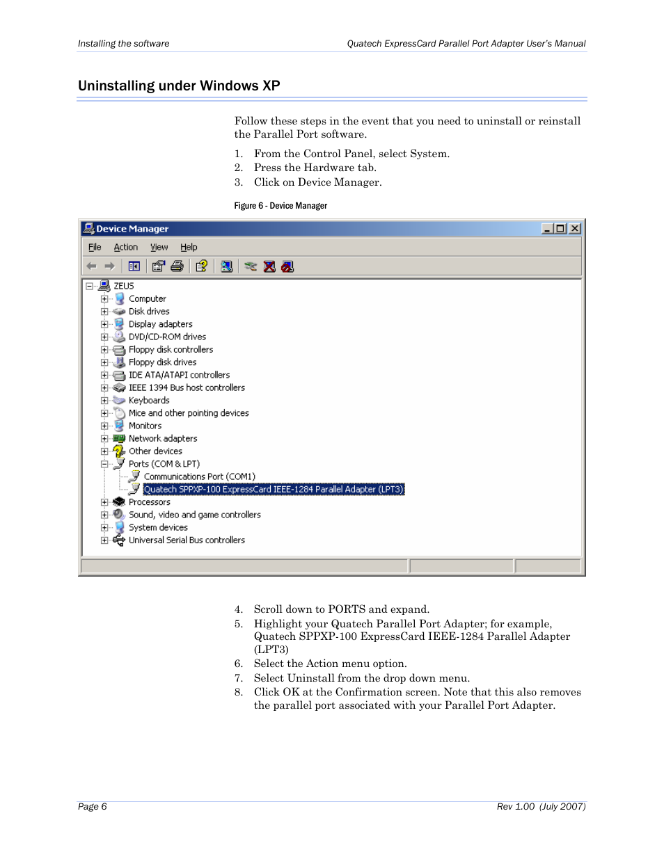 Uninstalling under windows xp, Figure 6 - device manager | Quatech Perfomance Line SPPXP-100 User Manual | Page 10 / 24