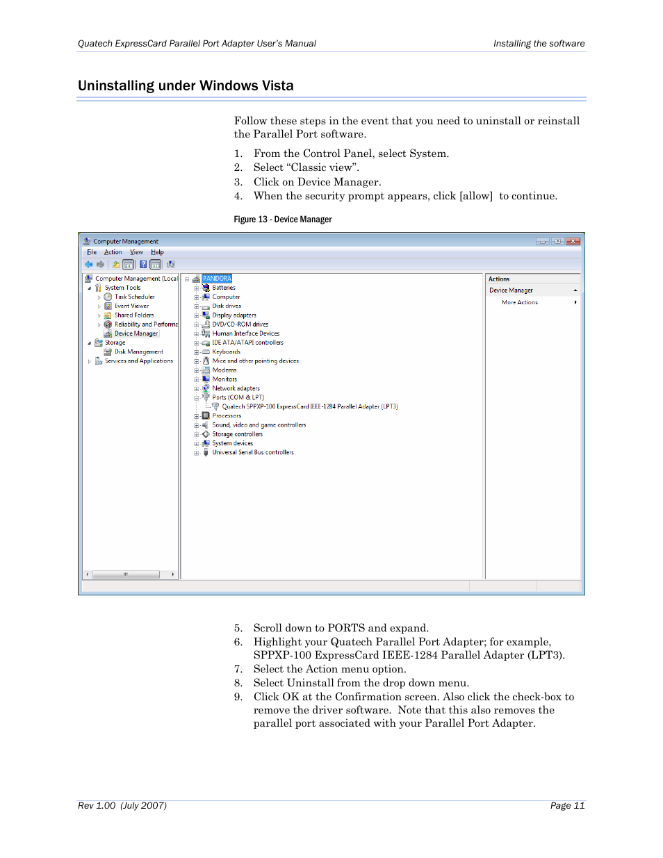 Uninstalling under windows vista, Figure 13 - device manager | Quatech Perfomance Line SPPXP-100 User Manual | Page 15 / 24