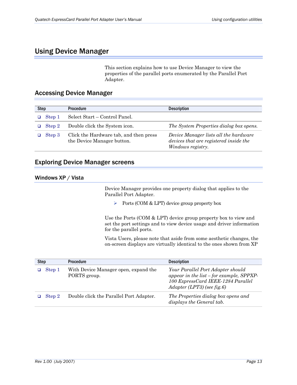 Using device manager, Accessing device manager, Exploring device manager screens | Windows xp / vista | Quatech Perfomance Line SPPXP-100 User Manual | Page 17 / 24