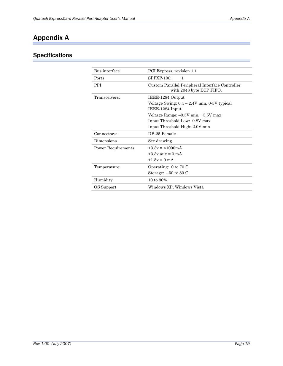 Appendix a, Specifications | Quatech Perfomance Line SPPXP-100 User Manual | Page 23 / 24