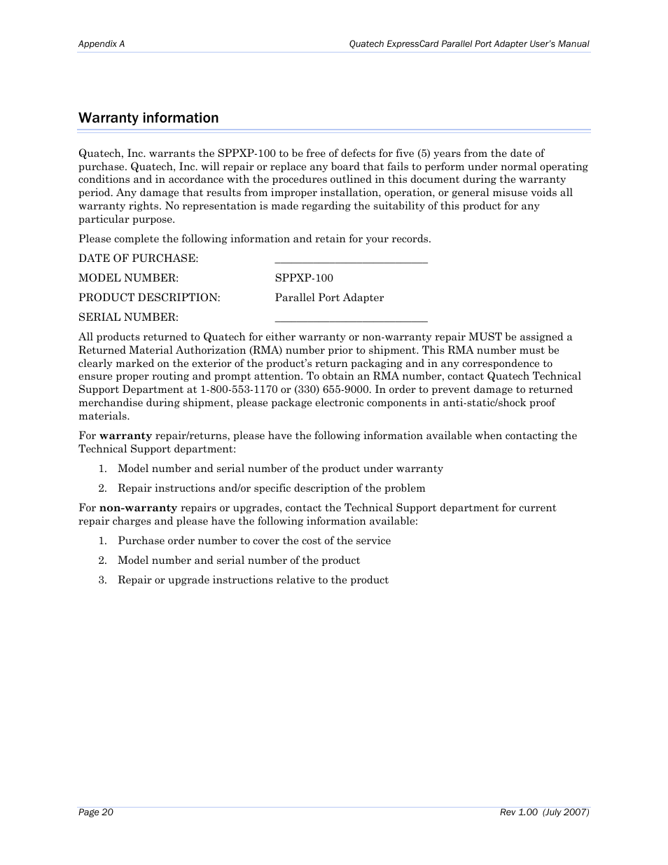 Warranty information | Quatech Perfomance Line SPPXP-100 User Manual | Page 24 / 24