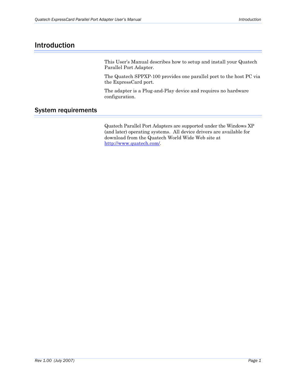 Introduction, System requirements | Quatech Perfomance Line SPPXP-100 User Manual | Page 5 / 24