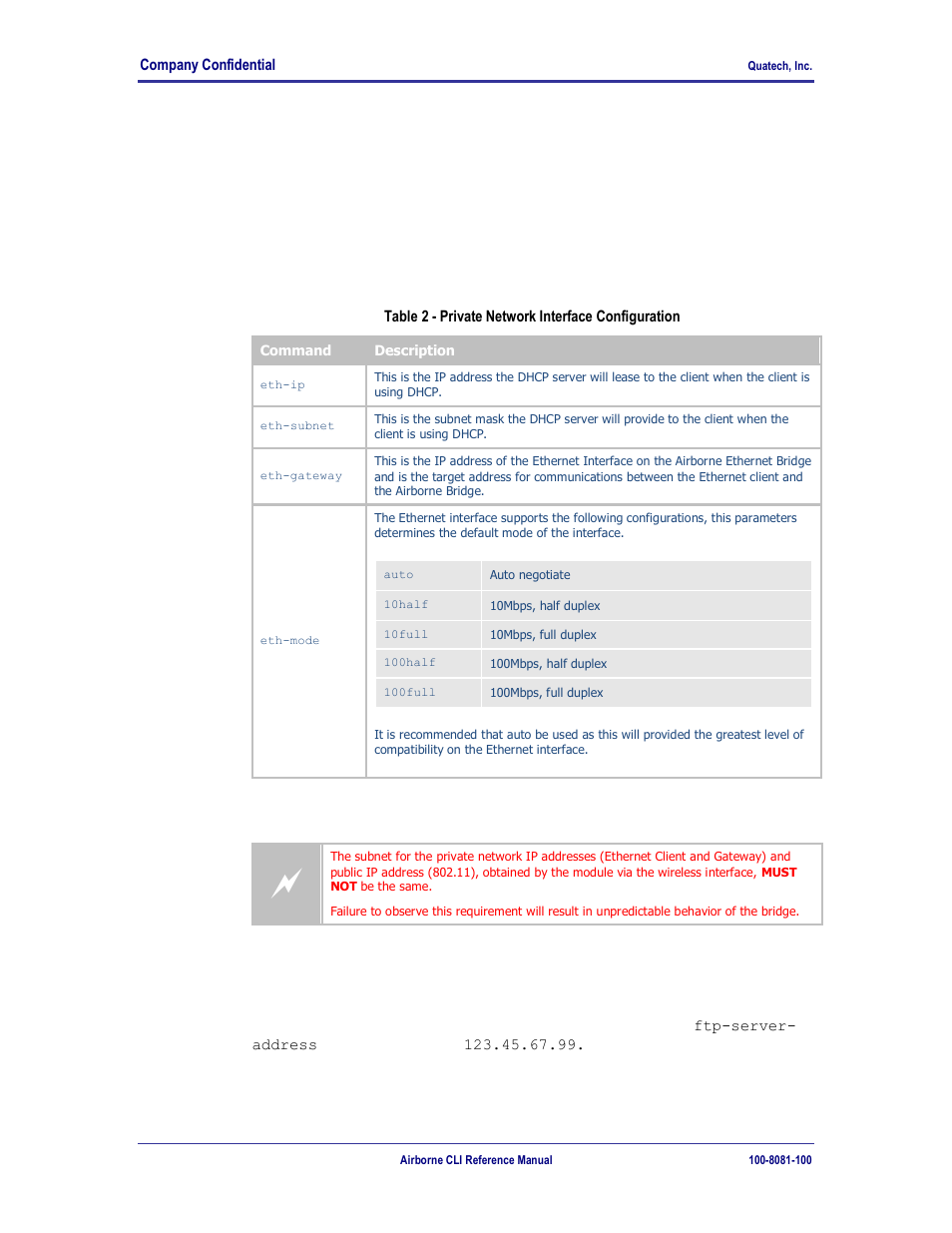Private network interface, Table 2 - private network interface configuration, 2 private network interface | Quatech WLNG-ET-DP500 Series User Manual | Page 34 / 120