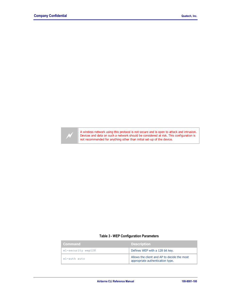 Wlan security, Disabled (no security), Wep security | Table 3 - wep configuration parameters, 0 wlan security | Quatech WLNG-ET-DP500 Series User Manual | Page 36 / 120