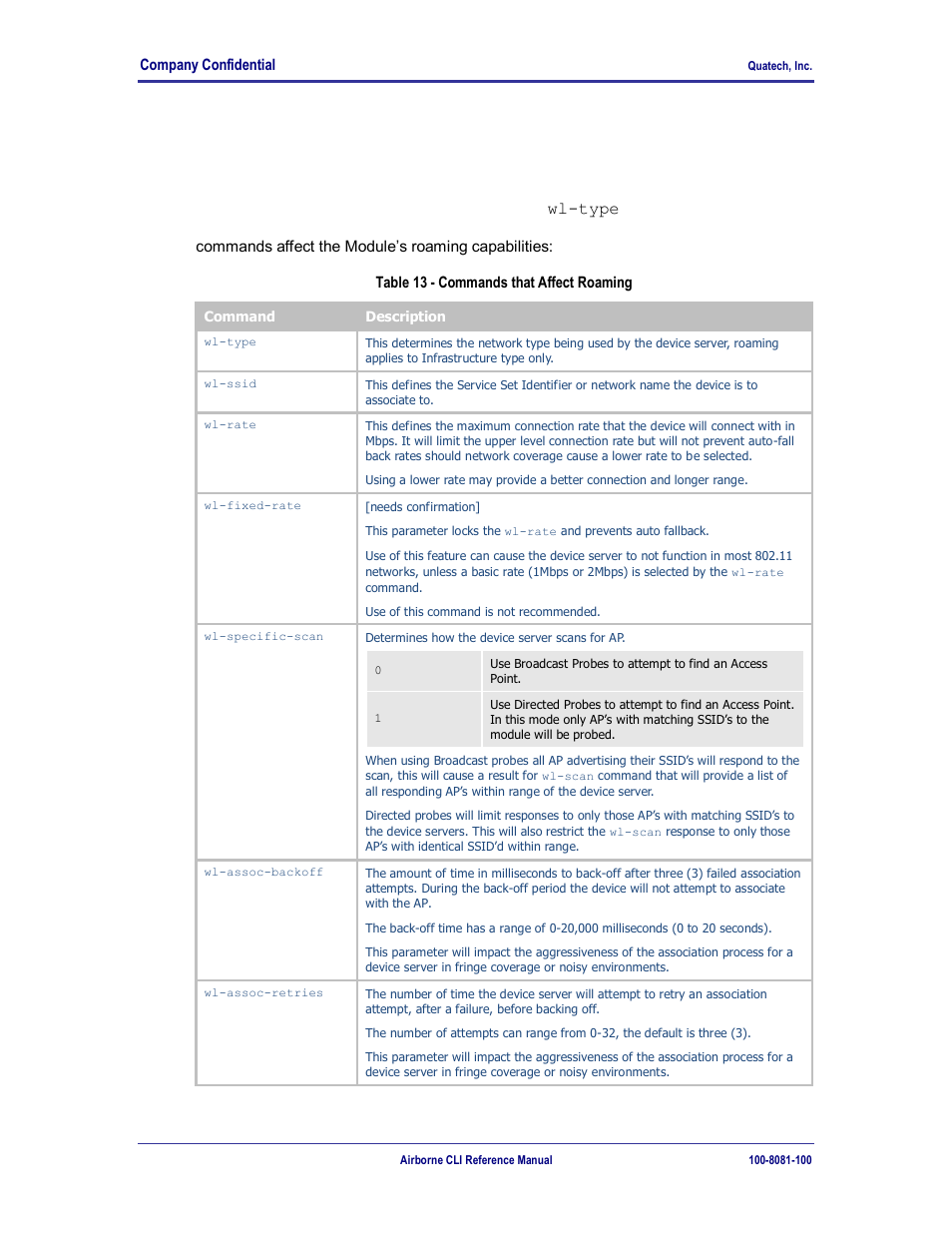 Wlan roaming, Table 13 - commands that affect roaming, 0 wlan roaming | Wl-type | Quatech WLNG-ET-DP500 Series User Manual | Page 46 / 120