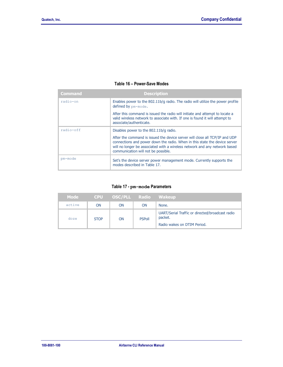 Power save, Table 16, Power-save modes | Table 17 - pm-mode parameters, 0 power save | Quatech WLNG-ET-DP500 Series User Manual | Page 49 / 120