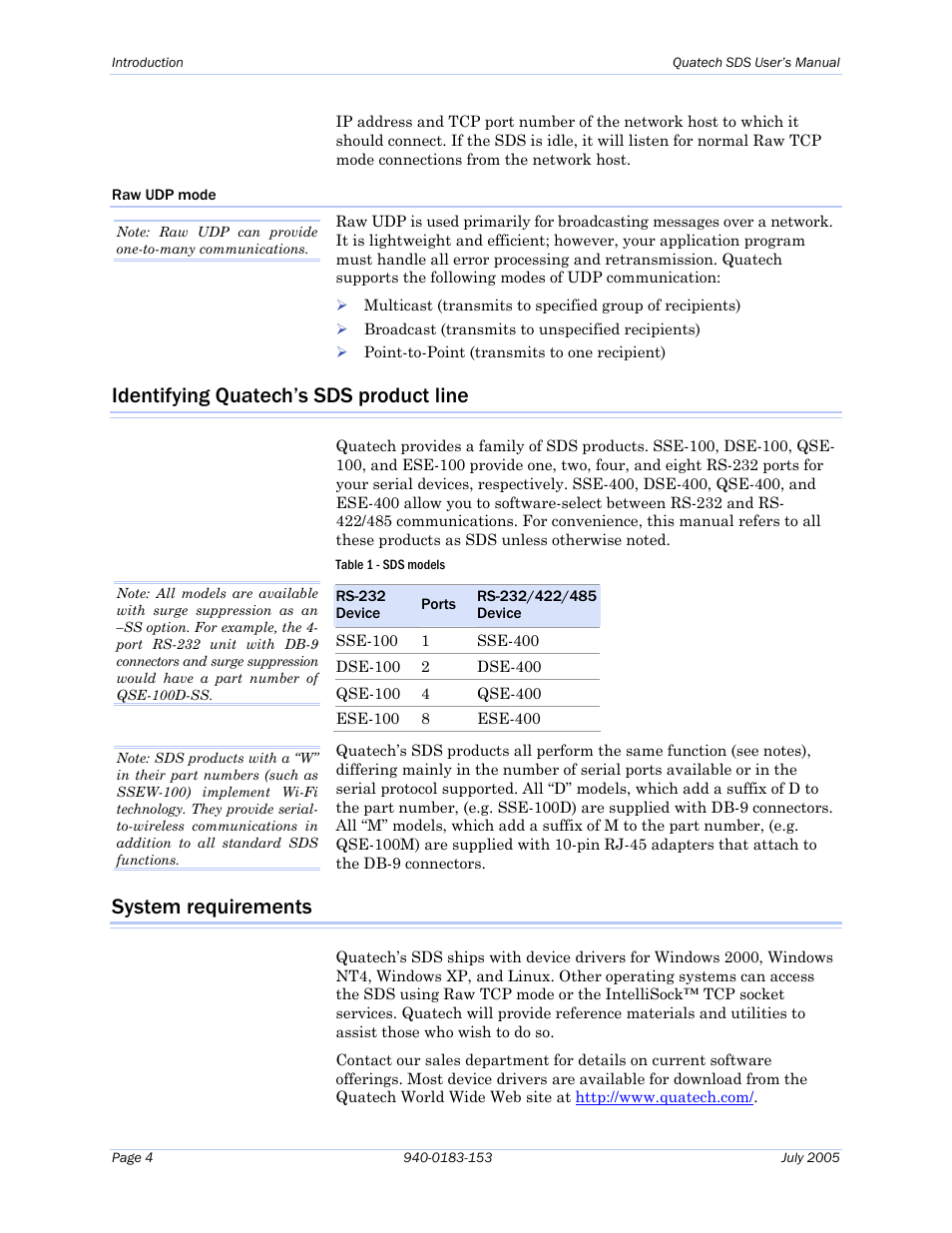 Raw udp mode, Identifying quatech’s sds product line, System requirements | Table 1 - sds models | Quatech Serial Device Server User Manual | Page 10 / 98