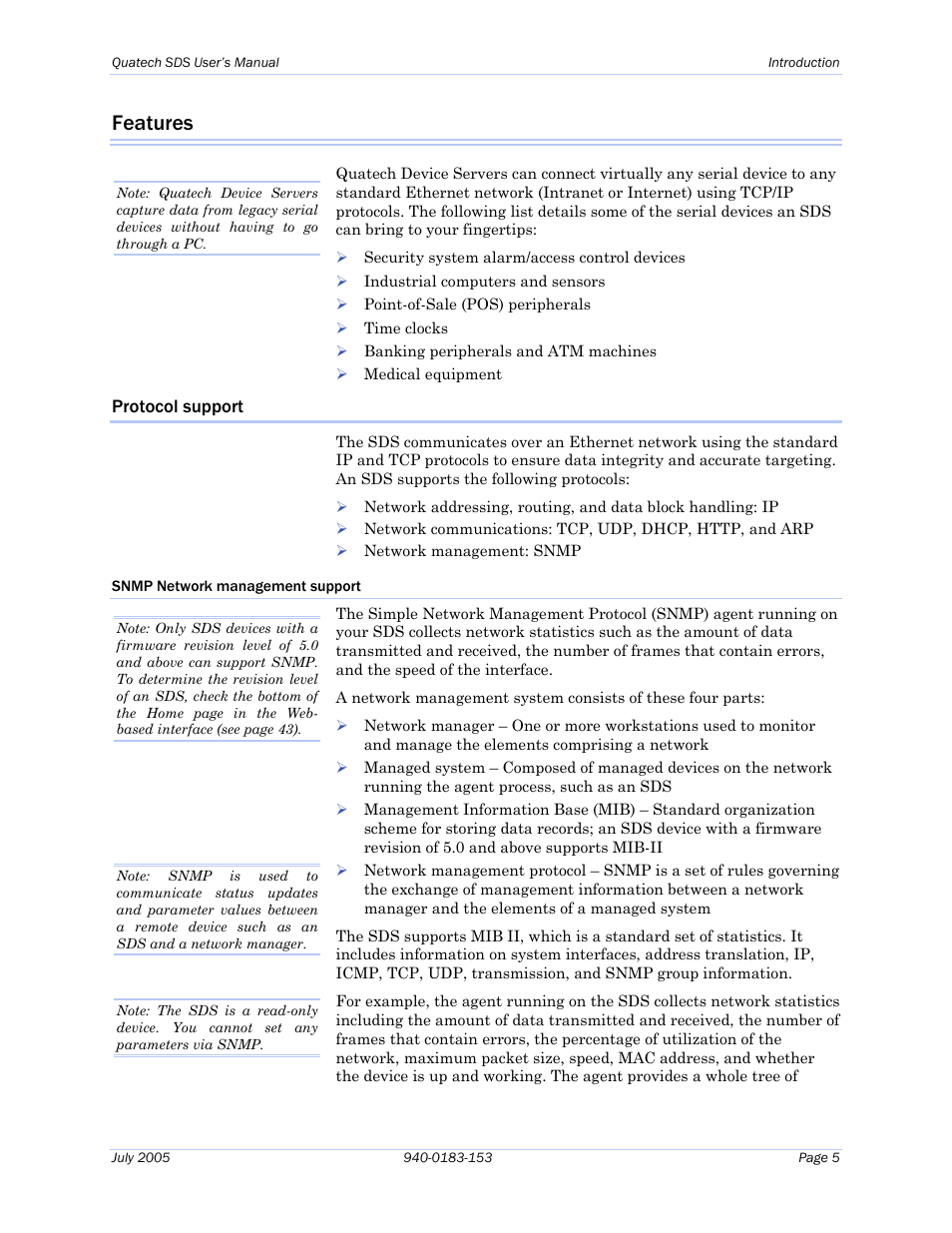 Features, Protocol support, Snmp network management support | Quatech Serial Device Server User Manual | Page 11 / 98