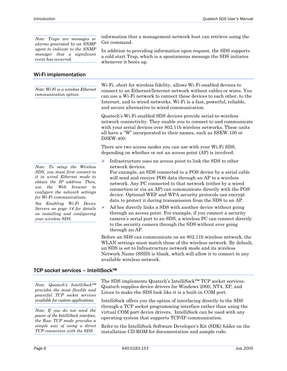 Wi-fi implementation, Tcp socket services – intellisock | Quatech Serial Device Server User Manual | Page 12 / 98