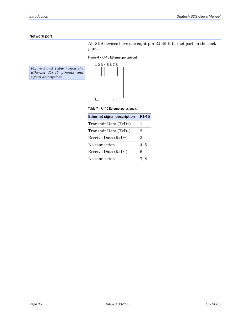 Network port, Figure 4 - rj-45 ethernet port pinout, Table 7 - rj-45 ethernet port signals | Quatech Serial Device Server User Manual | Page 18 / 98