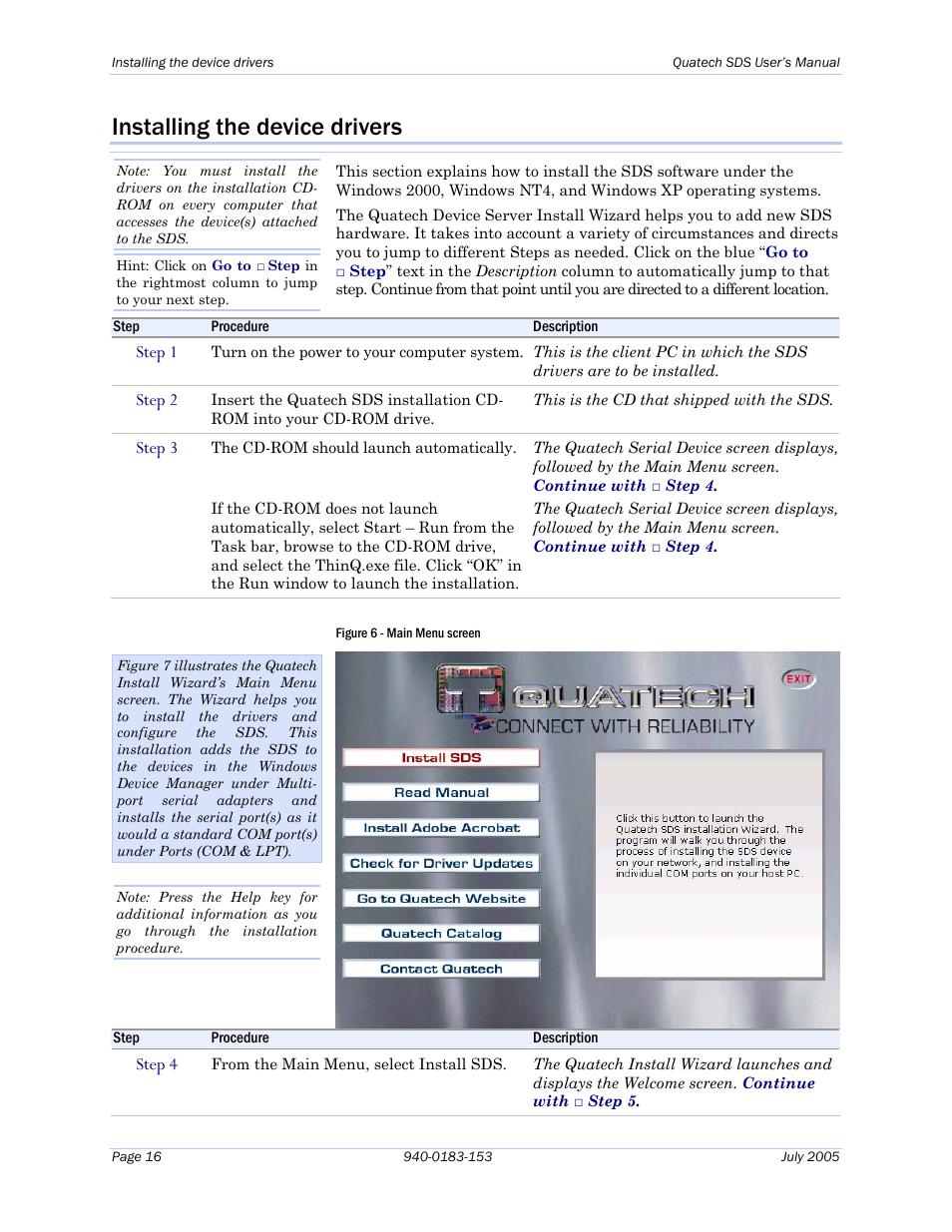 Installing the device drivers, Figure 6 - main menu screen, Installing | The device drivers starting o, Install | Quatech Serial Device Server User Manual | Page 22 / 98