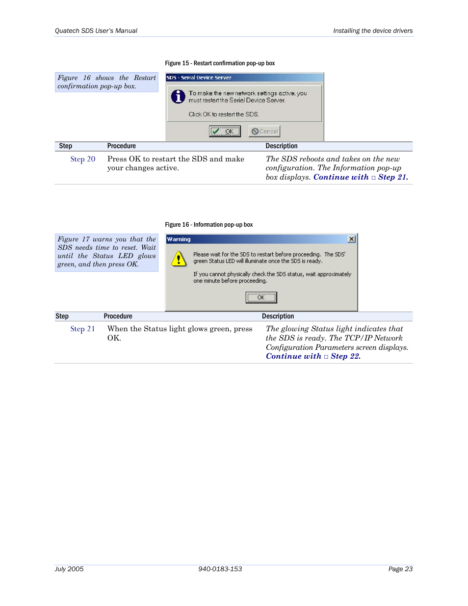Figure 15 - restart confirmation pop-up box, Figure 16 - information pop-up box | Quatech Serial Device Server User Manual | Page 29 / 98