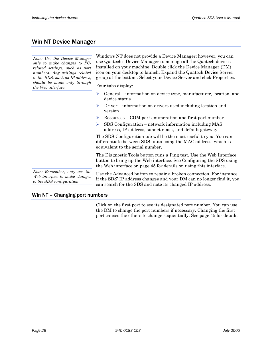 Win nt device manager, Win nt – changing port numbers | Quatech Serial Device Server User Manual | Page 34 / 98