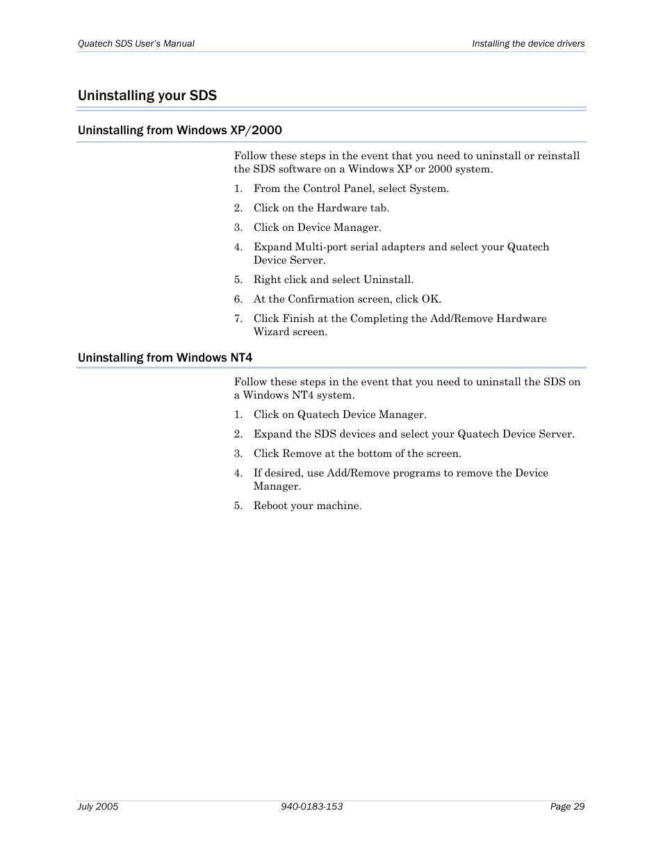 Uninstalling your sds, Uninstalling from windows xp/2000, Uninstalling from windows nt4 | Quatech Serial Device Server User Manual | Page 35 / 98