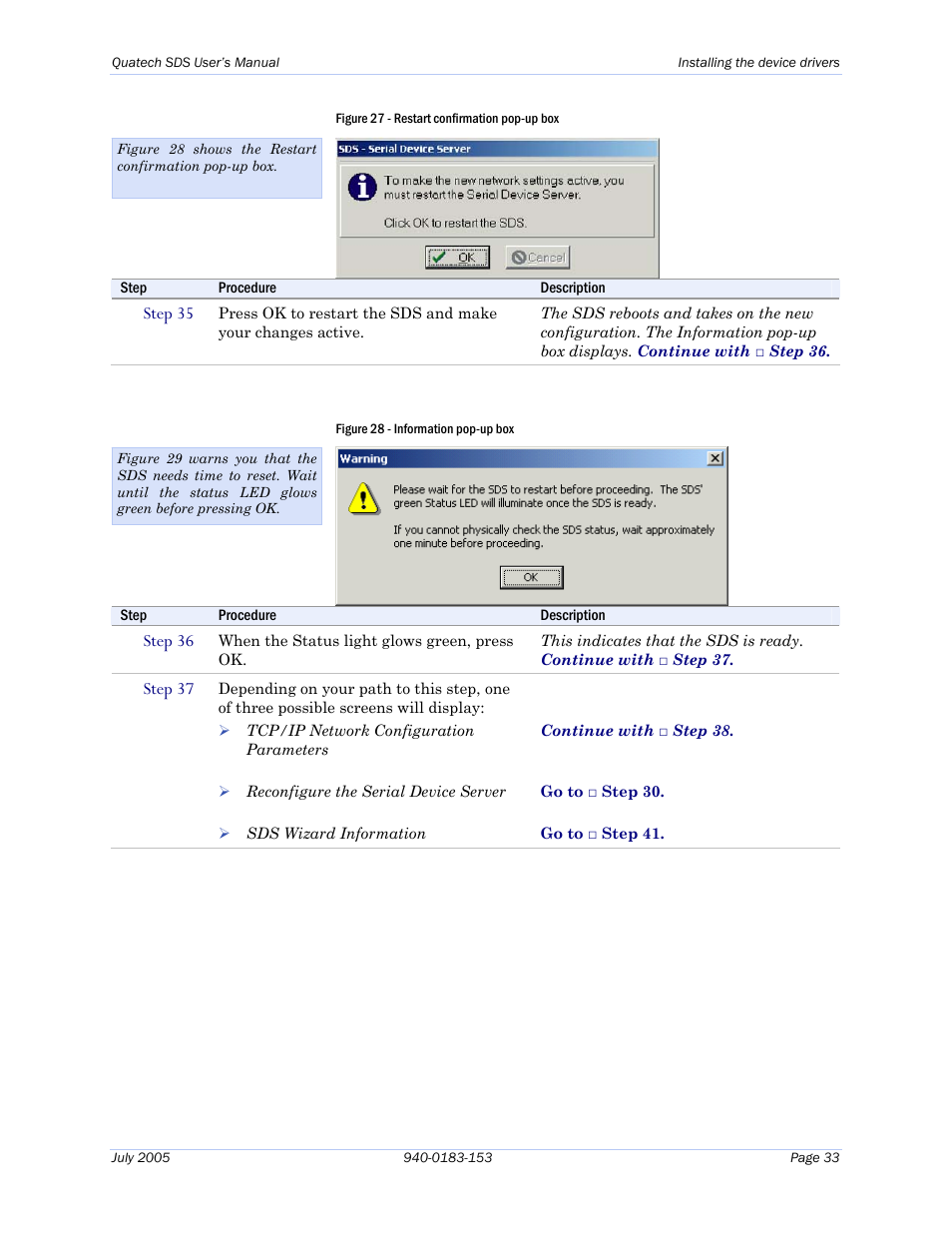 Figure 27 - restart confirmation pop-up box, Figure 28 - information pop-up box | Quatech Serial Device Server User Manual | Page 39 / 98