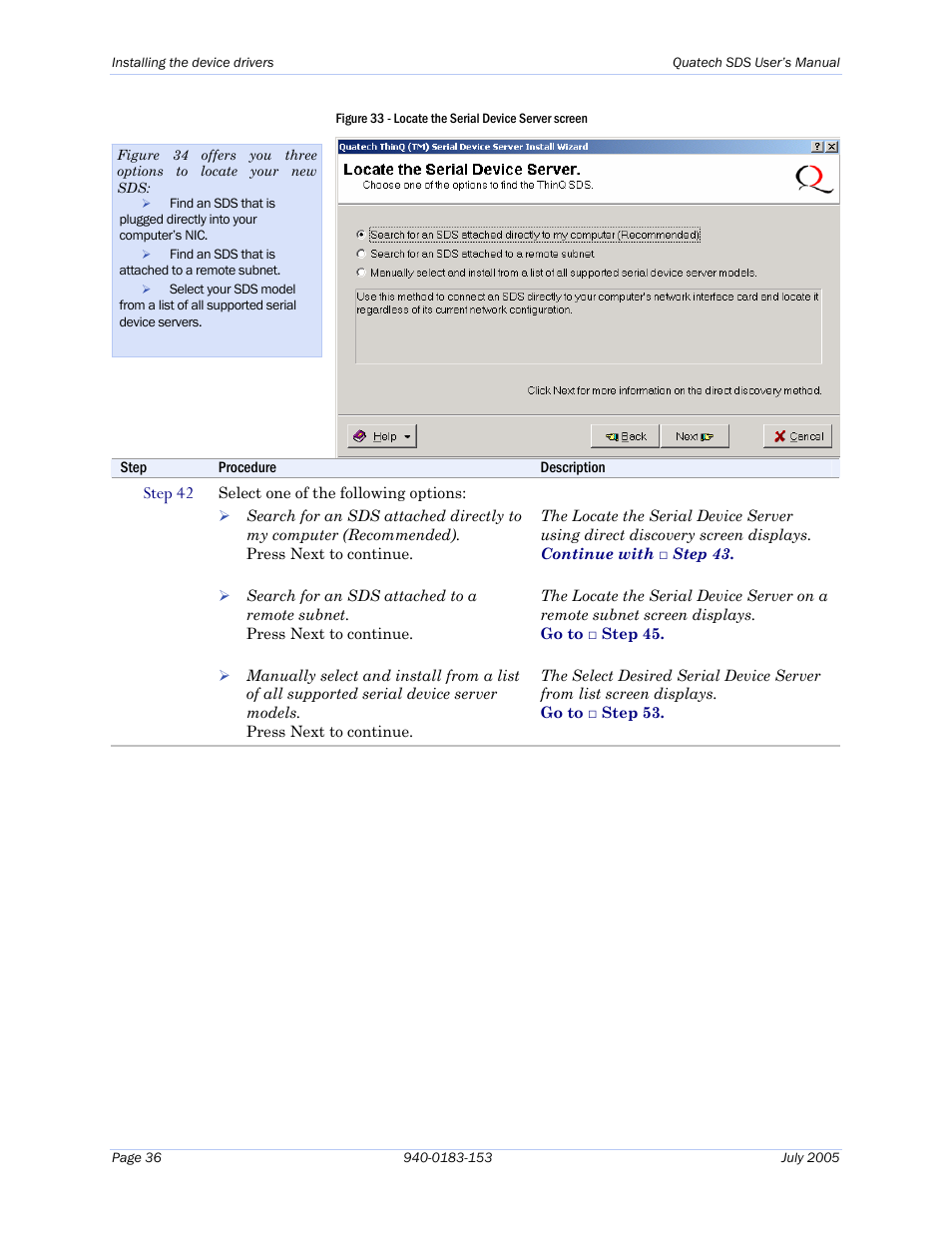 Figure 33 - locate the serial device server screen, Step 42 | Quatech Serial Device Server User Manual | Page 42 / 98