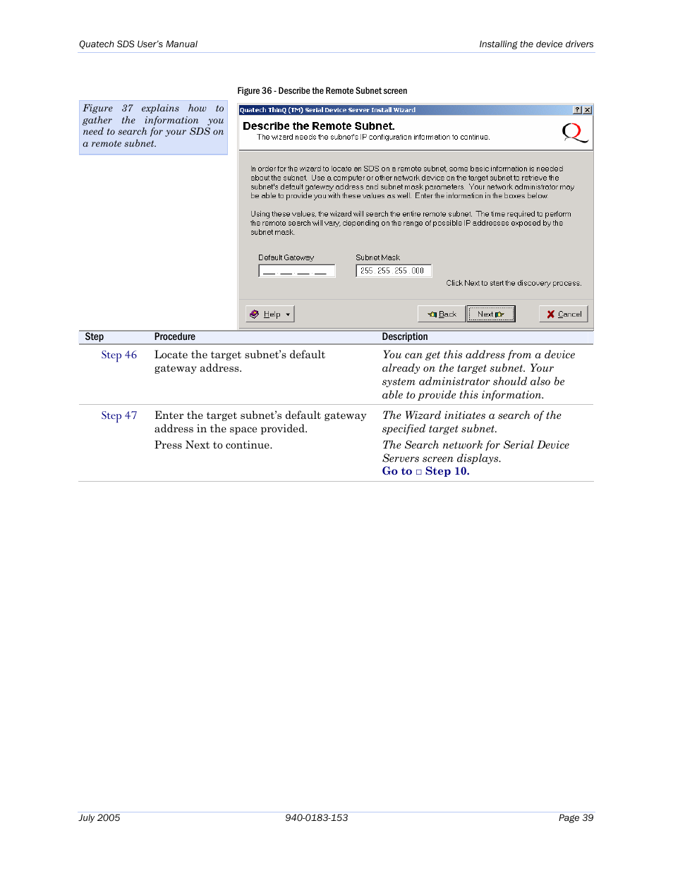 Figure 36 - describe the remote subnet screen | Quatech Serial Device Server User Manual | Page 45 / 98