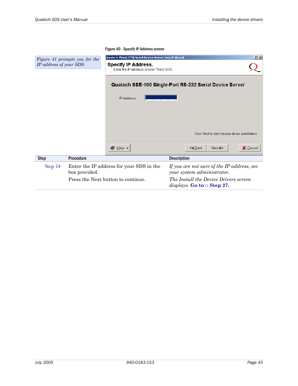Figure 40 - specify ip address screen | Quatech Serial Device Server User Manual | Page 49 / 98