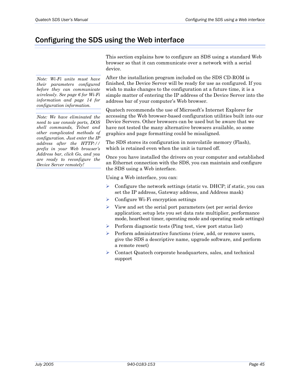 Configuring the sds using the web interface | Quatech Serial Device Server User Manual | Page 51 / 98