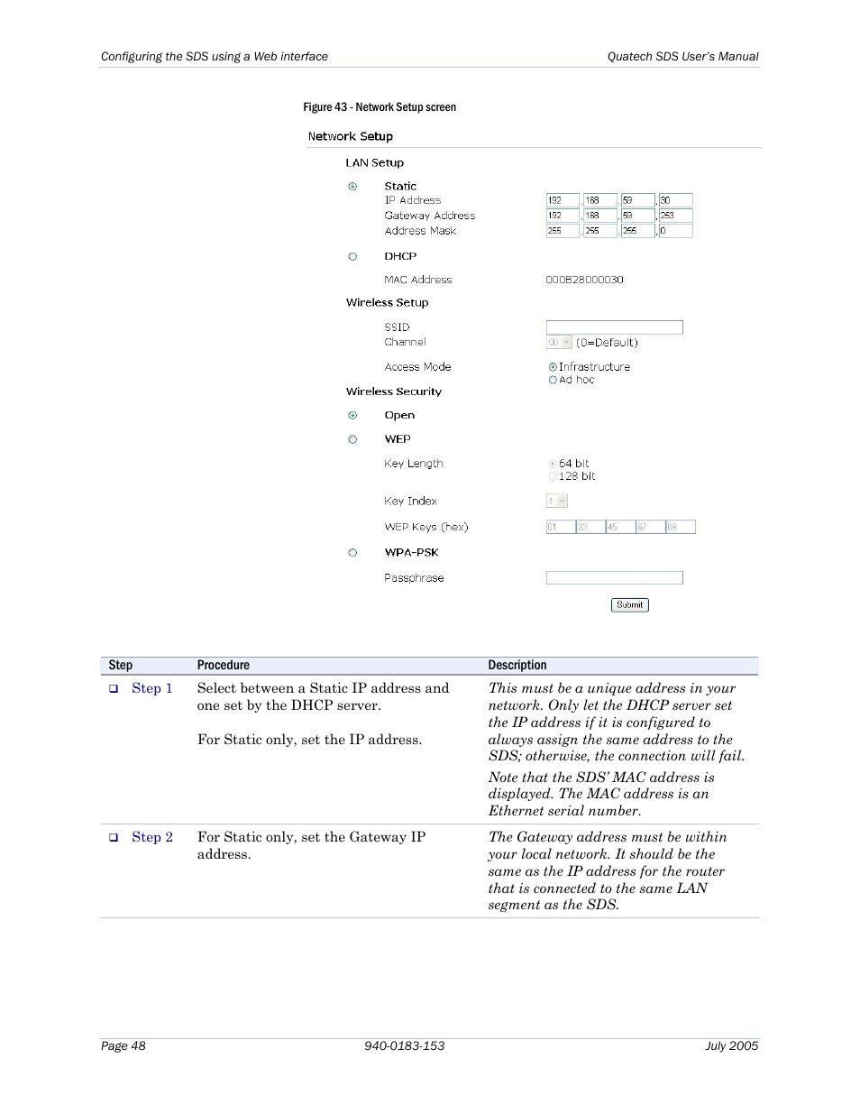 Figure 43 - network setup screen | Quatech Serial Device Server User Manual | Page 54 / 98